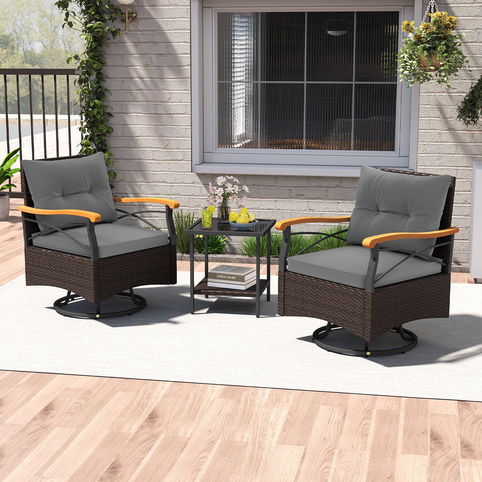 3 Piece Outdoor Swivel Chair Set with Tempered Glass Side Table, Gray Patio Conversation Sets at Gallery Canada