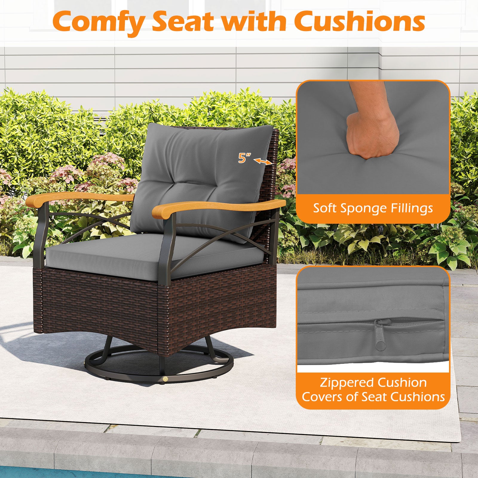 3 Piece Outdoor Swivel Chair Set with Tempered Glass Side Table, Gray Patio Conversation Sets at Gallery Canada
