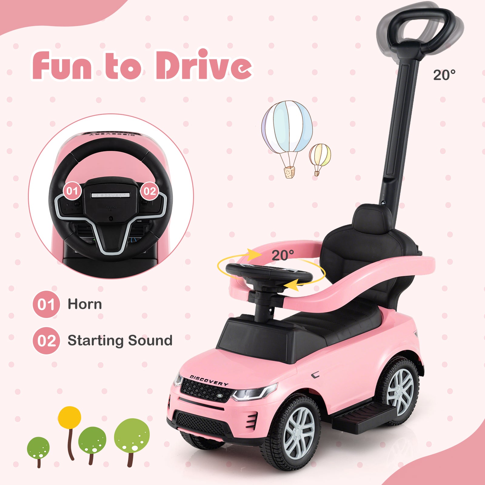 3 in 1 Push Car with Removable Handle and Guardrail for Kids 18-36 Months Old, Pink Push & Pedal Ride On Toys at Gallery Canada