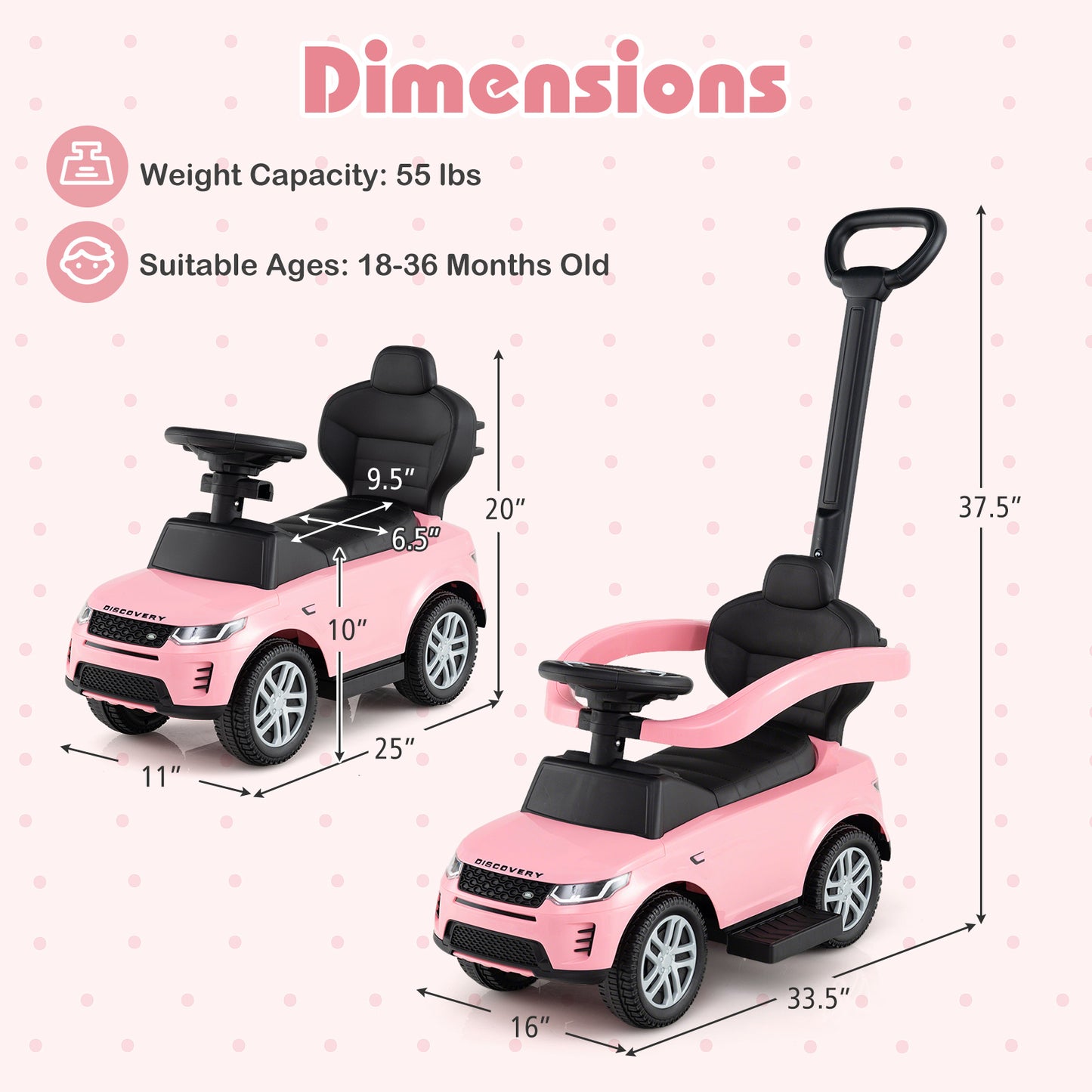 3 in 1 Push Car with Removable Handle and Guardrail for Kids 18-36 Months Old, Pink Push & Pedal Ride On Toys at Gallery Canada