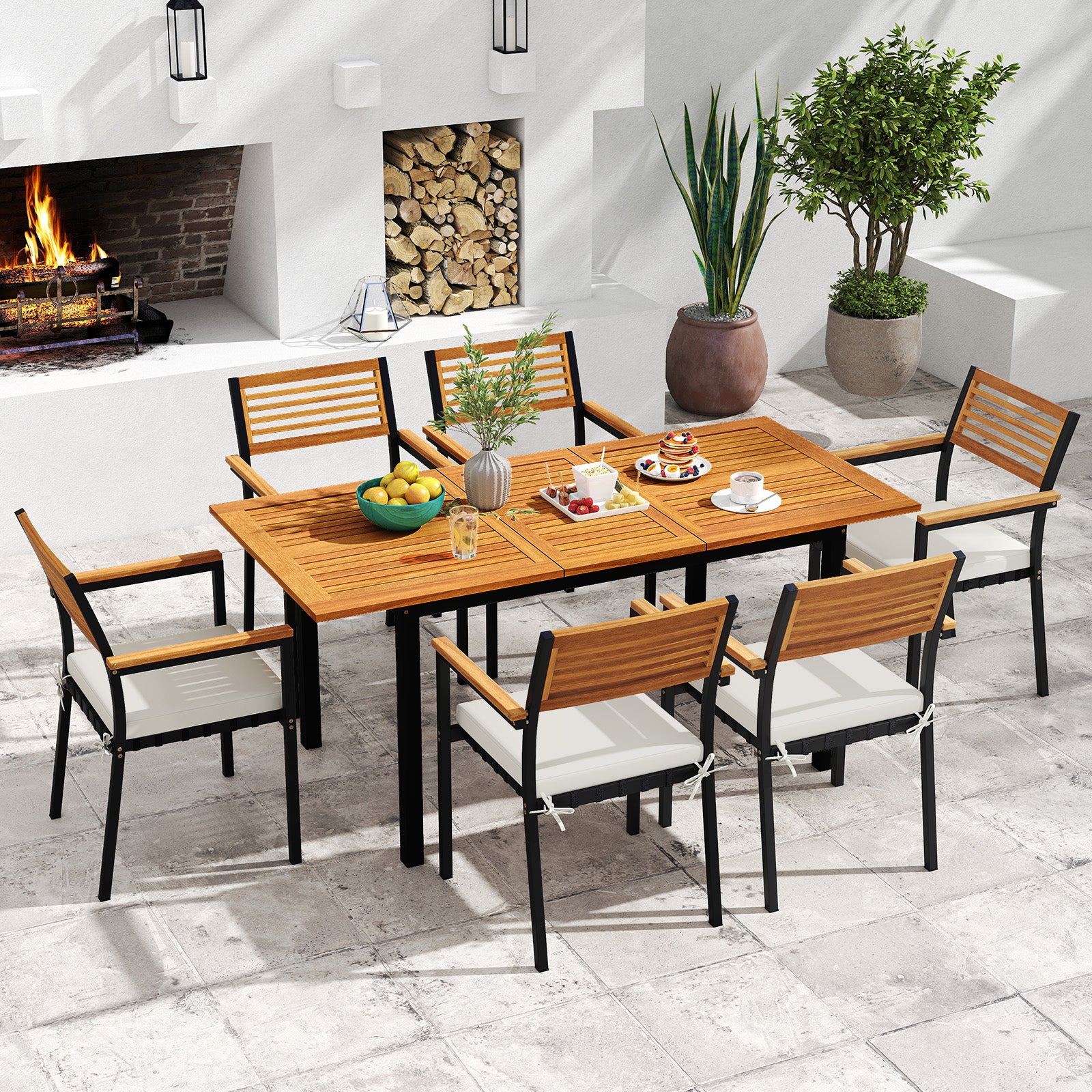 7-Piece Patio Dining Set Wood Metal with Seat Cushions and Umbrella Hole, White Patio Dining Sets at Gallery Canada