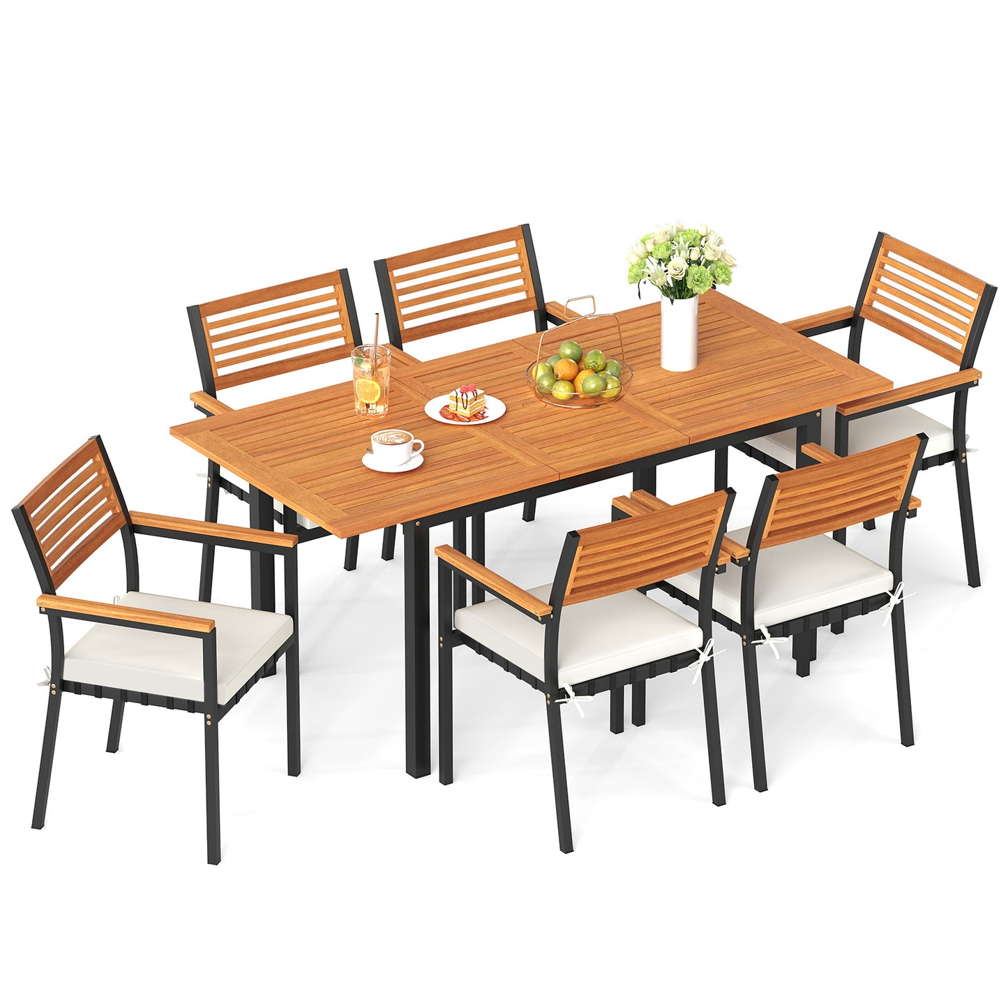 7-Piece Patio Dining Set Wood Metal with Seat Cushions and Umbrella Hole, White Patio Dining Sets White at Gallery Canada