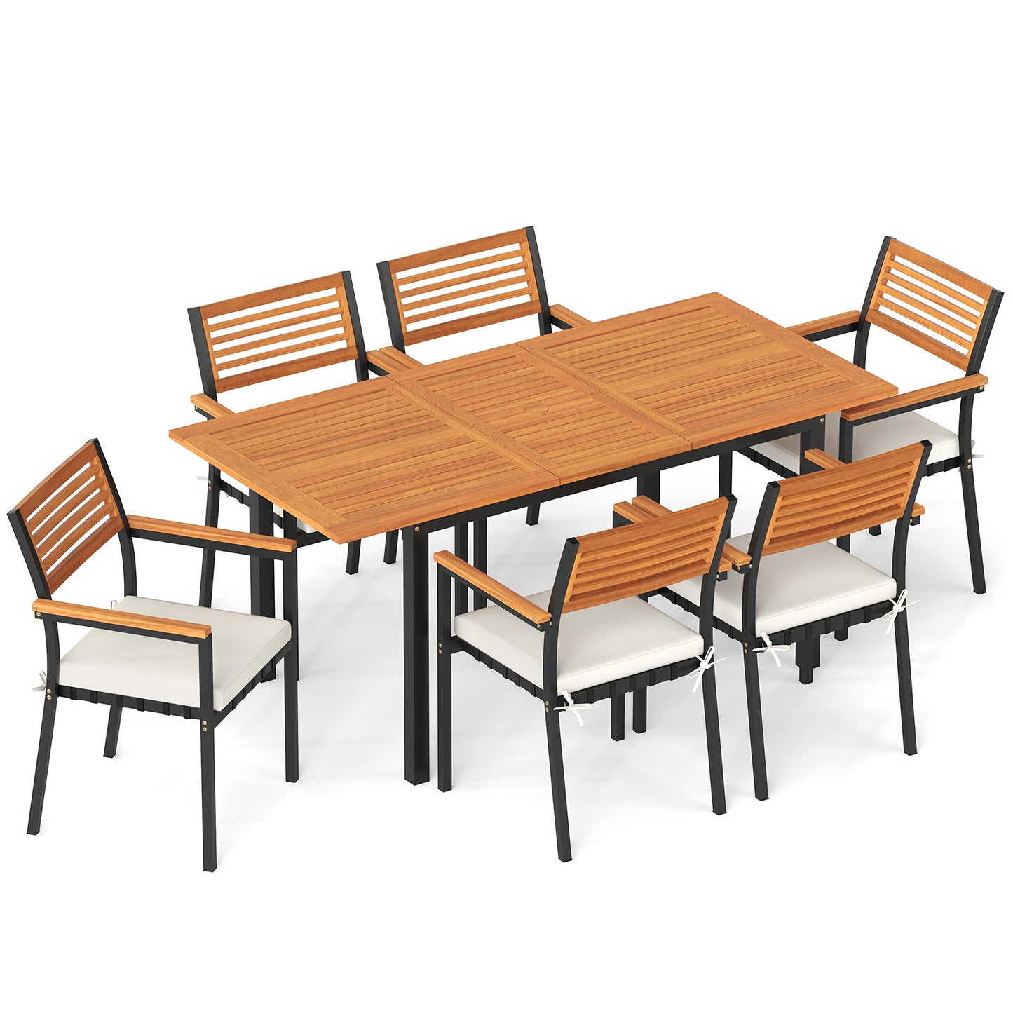 7-Piece Patio Dining Set Wood Metal with Seat Cushions and Umbrella Hole, White Patio Dining Sets at Gallery Canada
