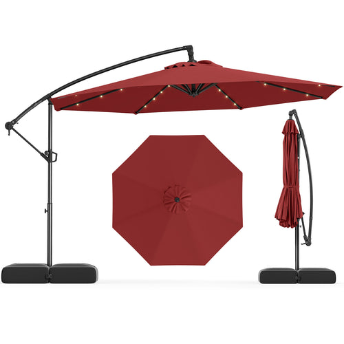 10 Feet Solar Offset Hanging Umbrella with Base and 32 LED Lights, Wine
