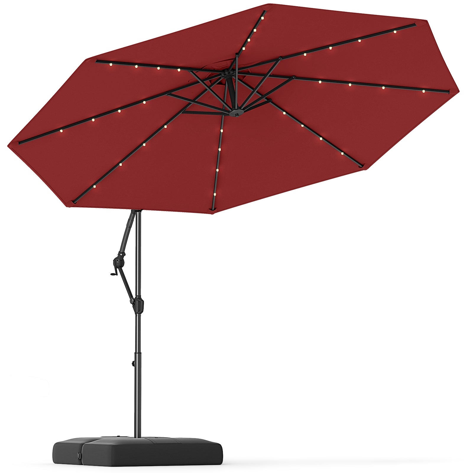 10 Feet Solar Offset Hanging Umbrella with Base and 32 LED Lights, Wine Outdoor Umbrellas at Gallery Canada