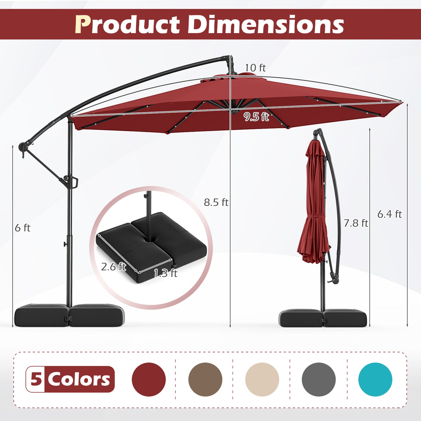 10 Feet Solar Offset Hanging Umbrella with Base and 32 LED Lights, Wine Outdoor Umbrellas at Gallery Canada