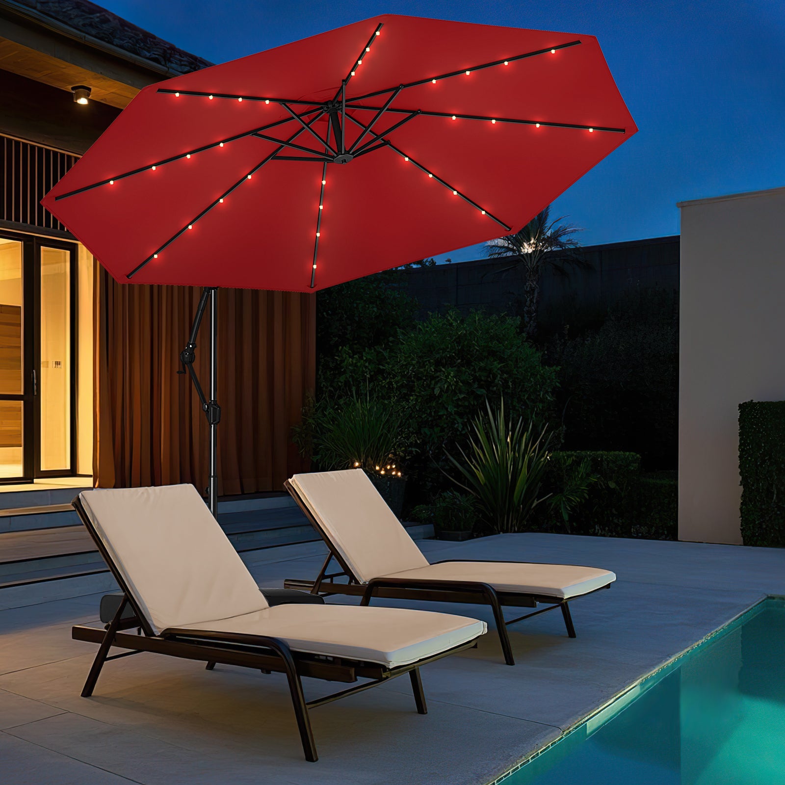 10 Feet Solar Offset Hanging Umbrella with Base and 32 LED Lights, Wine Outdoor Umbrellas at Gallery Canada