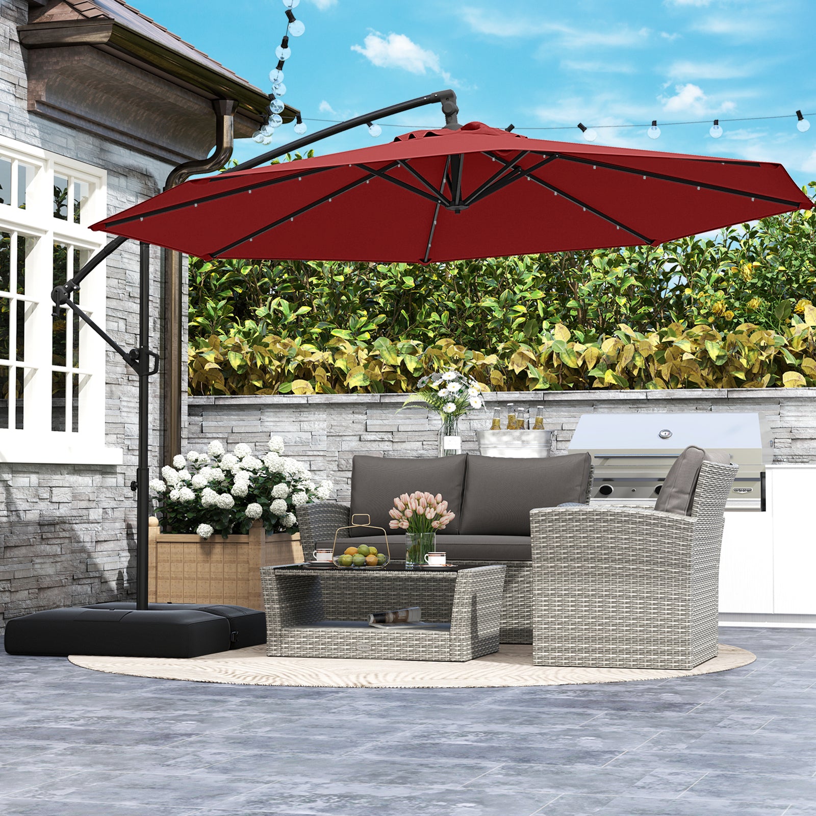10 Feet Solar Offset Hanging Umbrella with Base and 32 LED Lights, Wine Outdoor Umbrellas at Gallery Canada