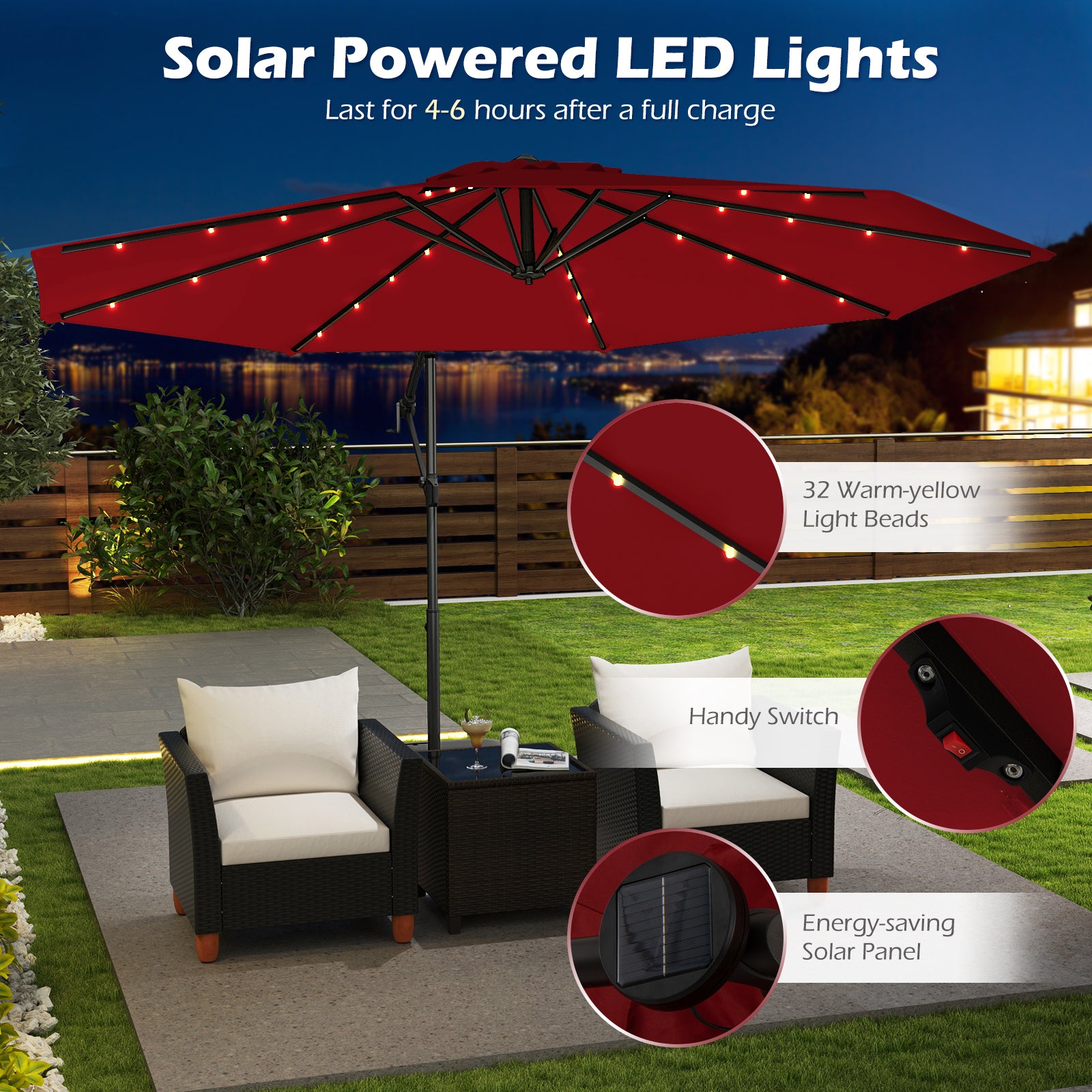 10 Feet Solar Offset Hanging Umbrella with Base and 32 LED Lights, Wine Outdoor Umbrellas at Gallery Canada