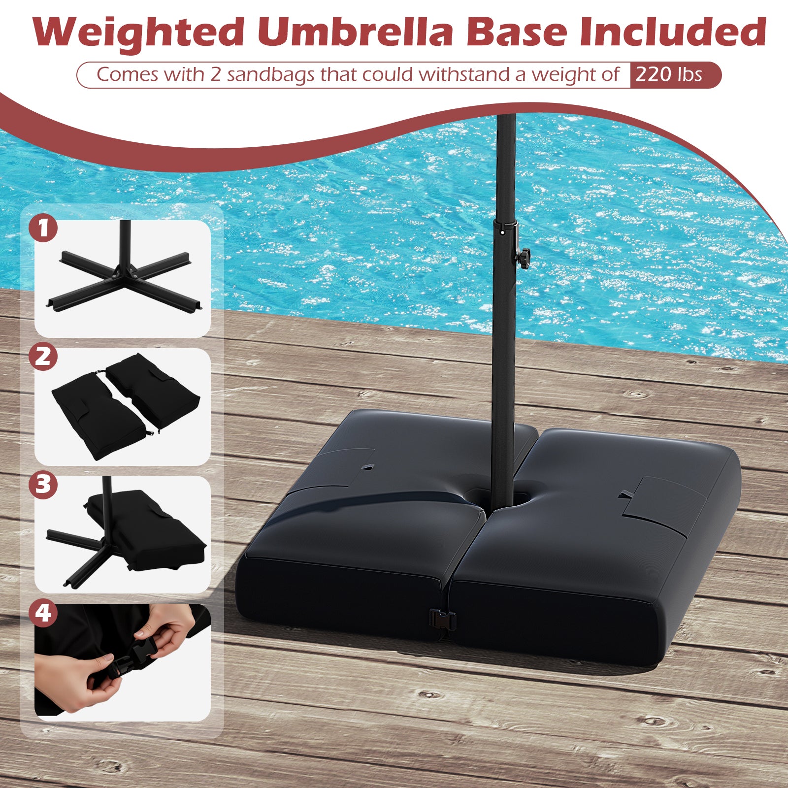 10 Feet Solar Offset Hanging Umbrella with Base and 32 LED Lights, Wine Outdoor Umbrellas at Gallery Canada