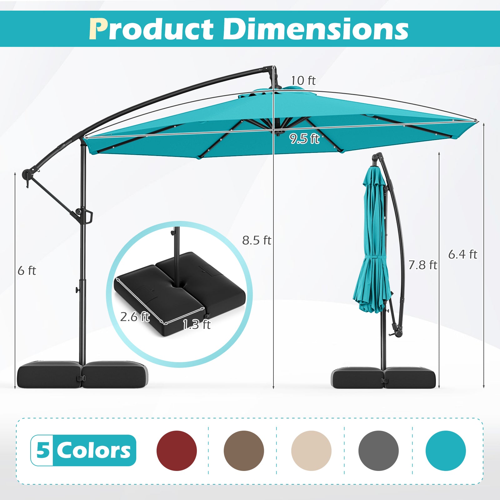 10 Feet Solar Offset Hanging Umbrella with Base and 32 LED Lights, Turquoise Outdoor Umbrellas at Gallery Canada