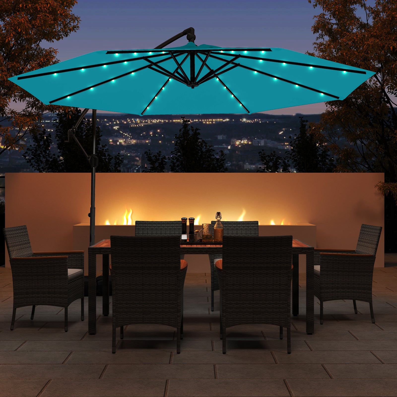10 Feet Solar Offset Hanging Umbrella with Base and 32 LED Lights, Turquoise Outdoor Umbrellas at Gallery Canada