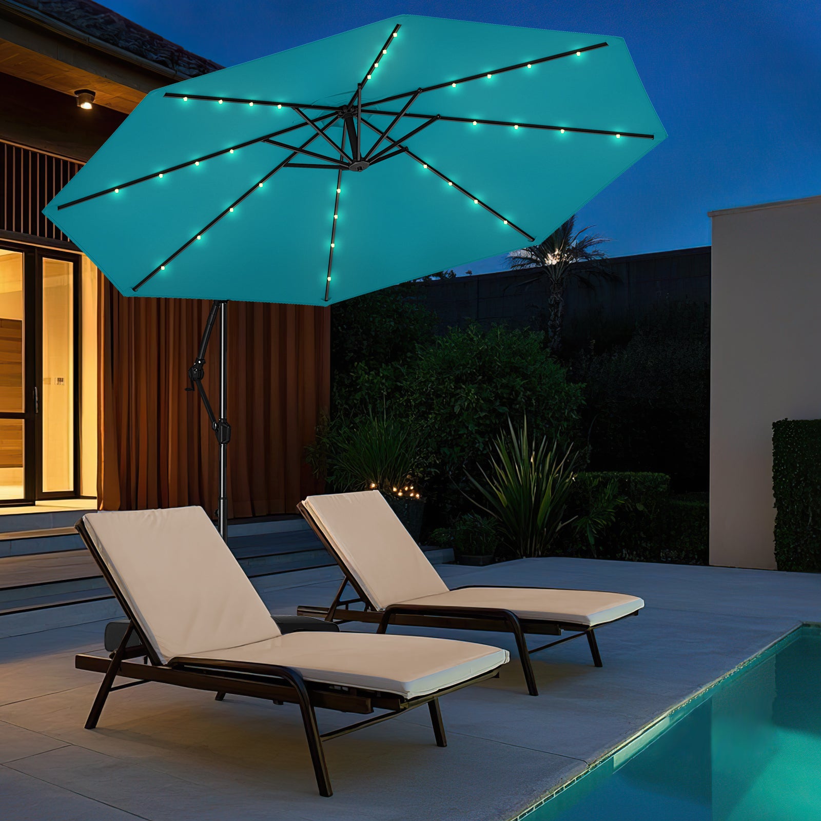 10 Feet Solar Offset Hanging Umbrella with Base and 32 LED Lights, Turquoise Outdoor Umbrellas at Gallery Canada