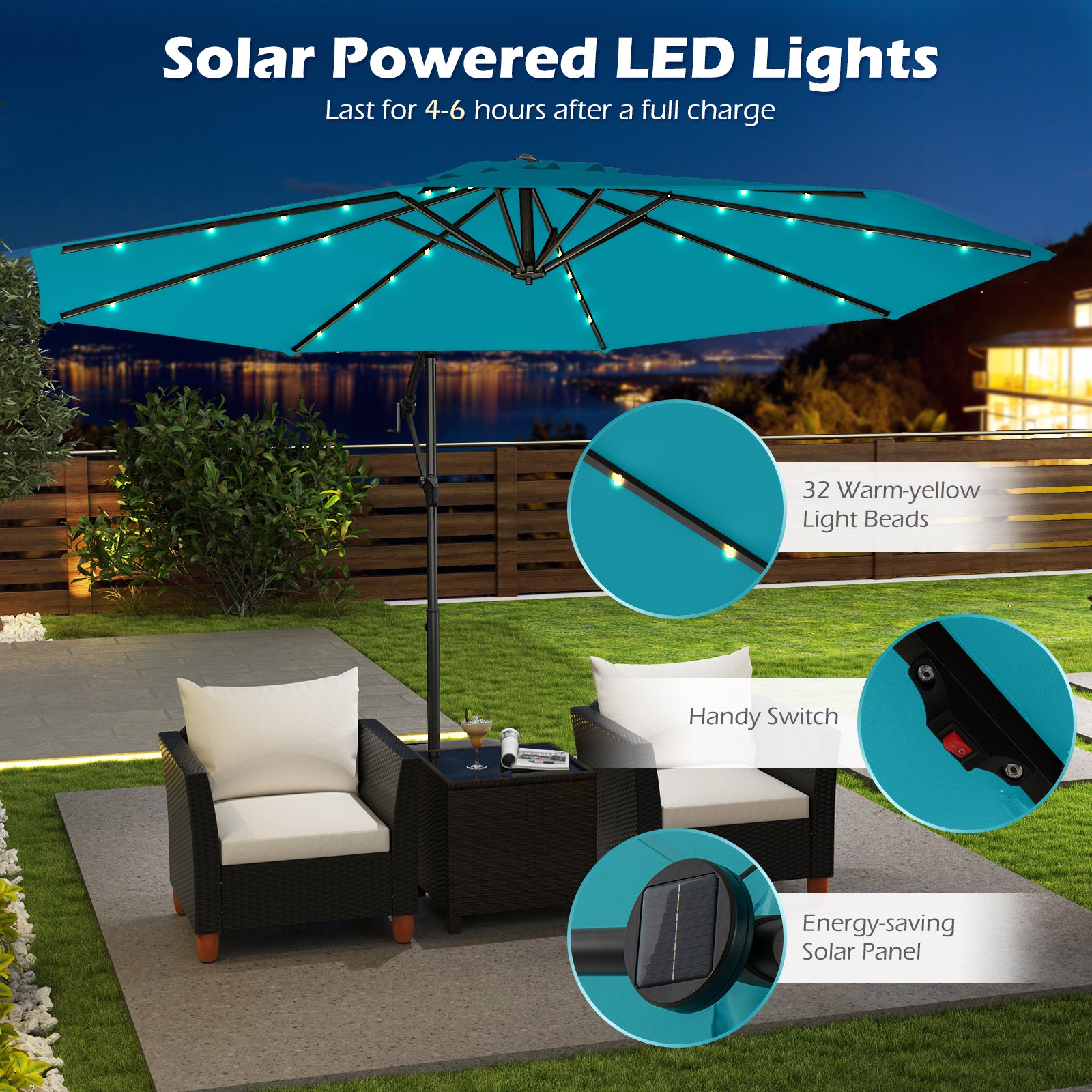 10 Feet Solar Offset Hanging Umbrella with Base and 32 LED Lights, Turquoise Outdoor Umbrellas at Gallery Canada