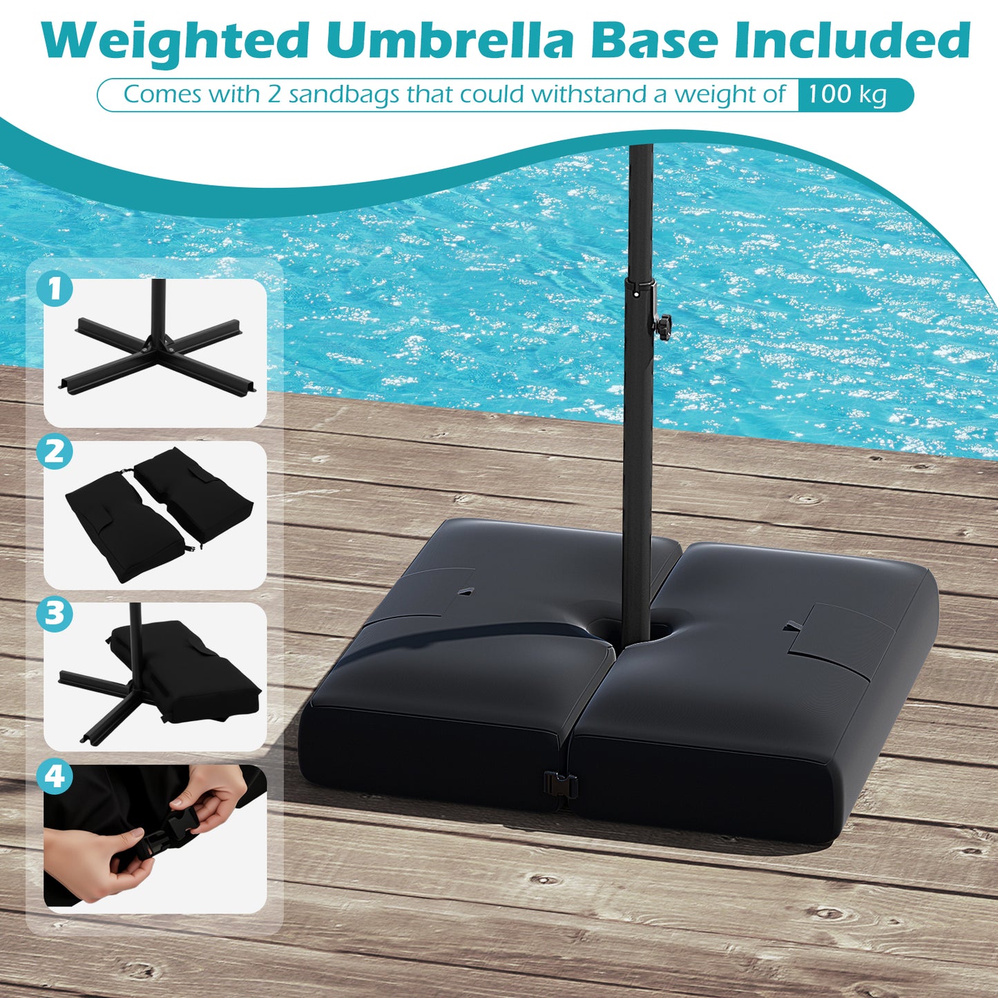 10 Feet Solar Offset Hanging Umbrella with Base and 32 LED Lights, Turquoise Outdoor Umbrellas at Gallery Canada