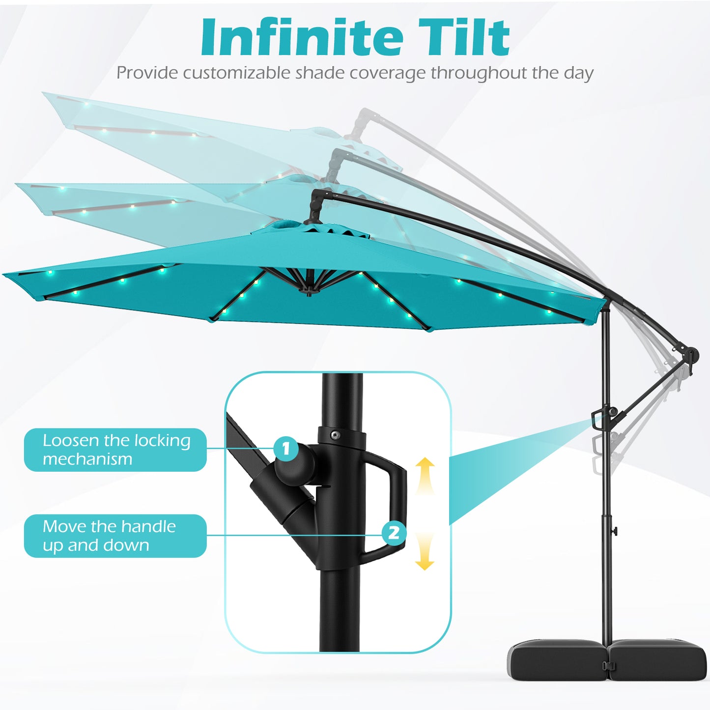 10 Feet Solar Offset Hanging Umbrella with Base and 32 LED Lights, Turquoise Outdoor Umbrellas at Gallery Canada