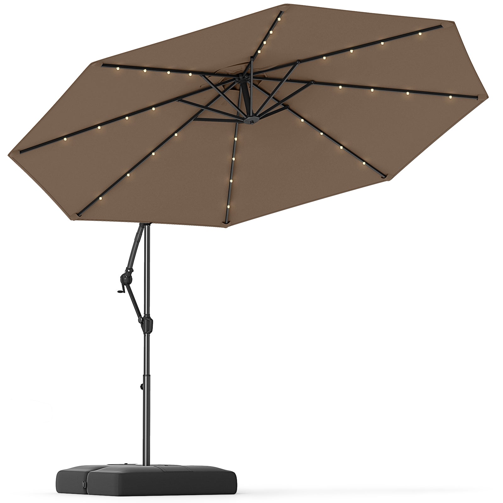 10 Feet Solar Offset Hanging Umbrella with Base and 32 LED Lights, Taupe Outdoor Umbrellas at Gallery Canada