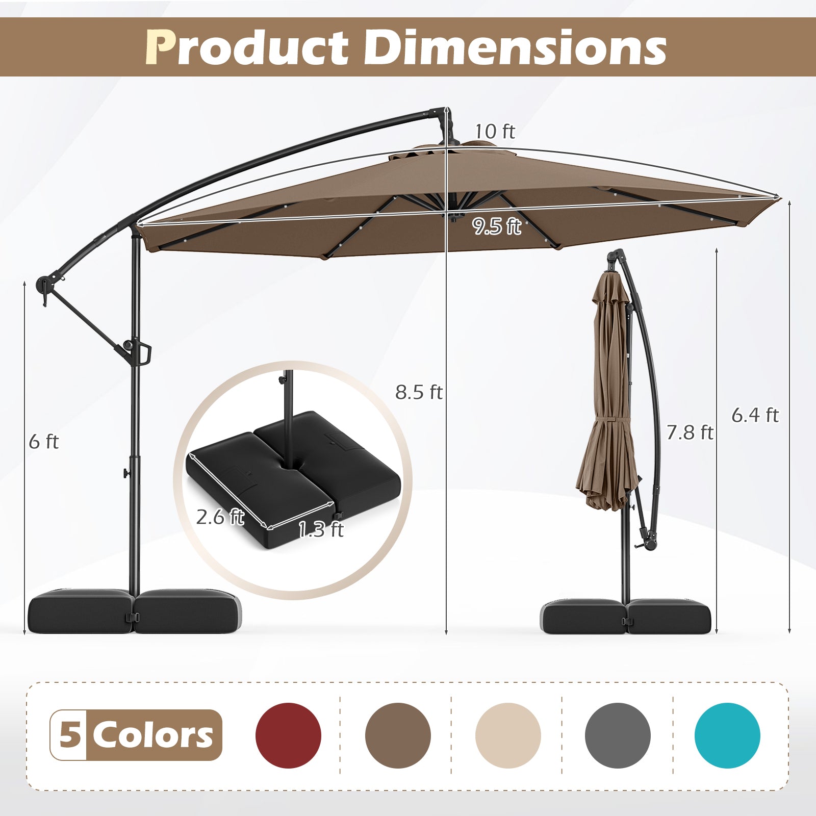 10 Feet Solar Offset Hanging Umbrella with Base and 32 LED Lights, Taupe Outdoor Umbrellas at Gallery Canada