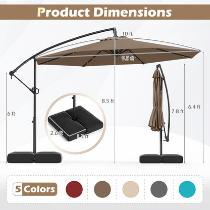 10 Feet Solar Offset Hanging Umbrella with Base and 32 LED Lights, Taupe Outdoor Umbrellas at Gallery Canada