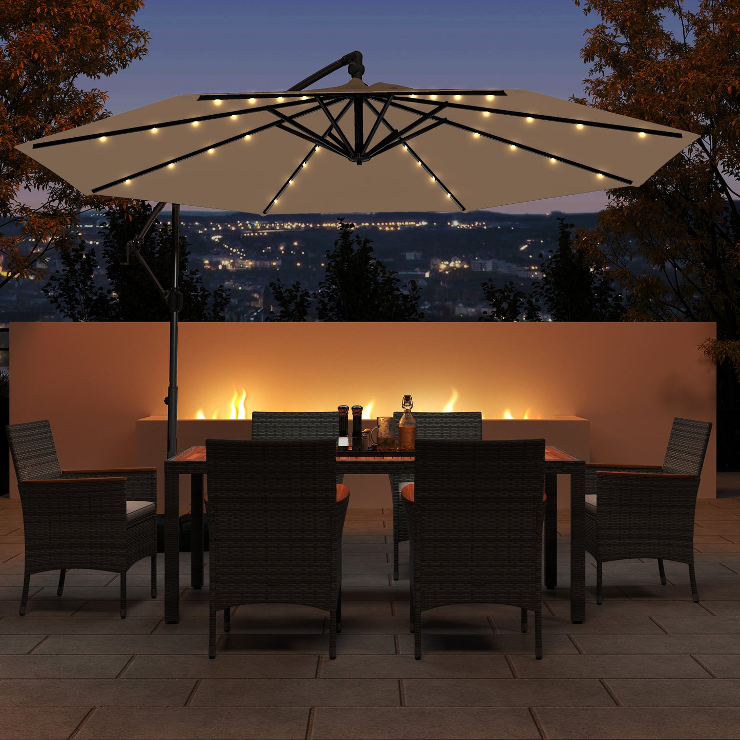 10 Feet Solar Offset Hanging Umbrella with Base and 32 LED Lights, Taupe Outdoor Umbrellas at Gallery Canada