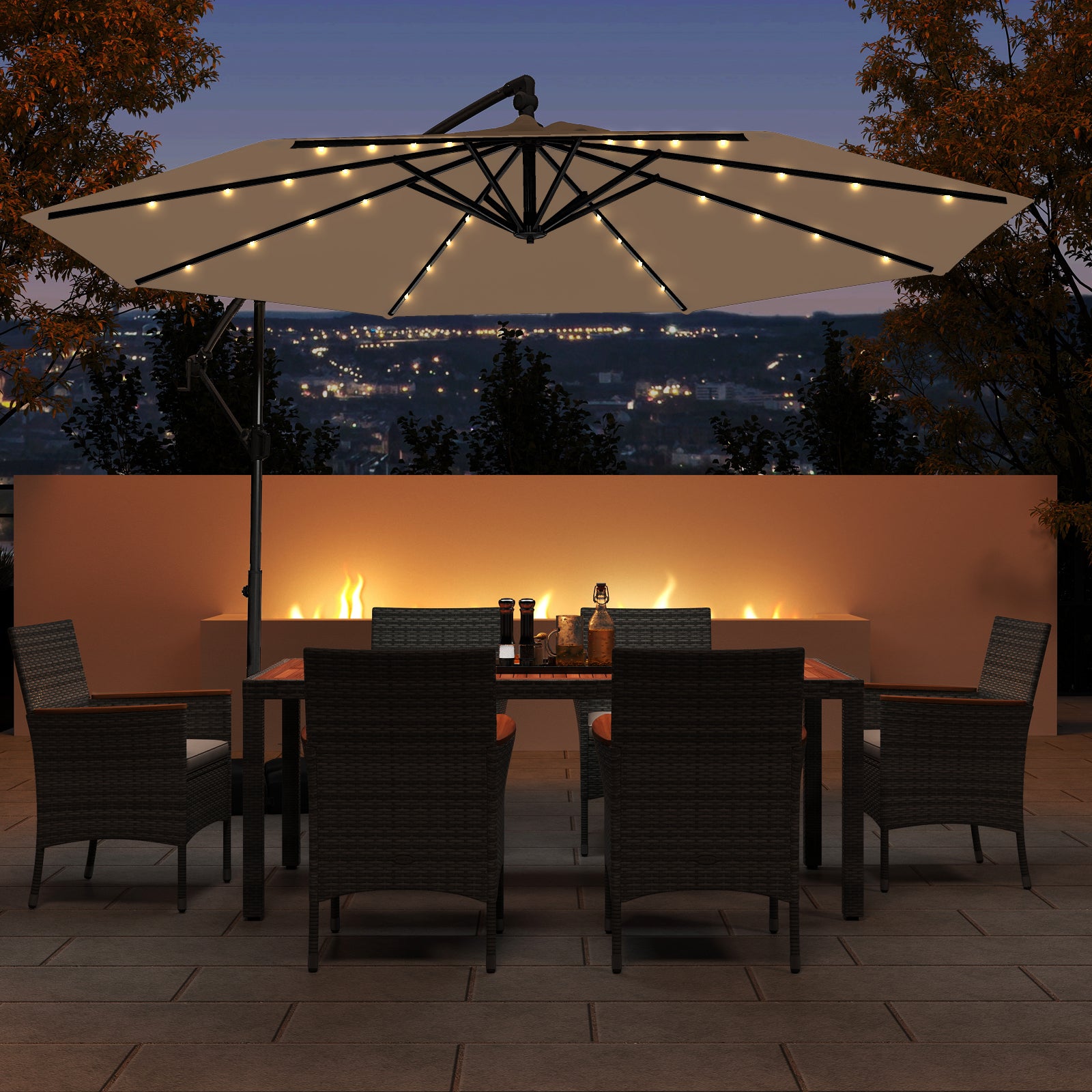 10 Feet Solar Offset Hanging Umbrella with Base and 32 LED Lights, Taupe Outdoor Umbrellas at Gallery Canada