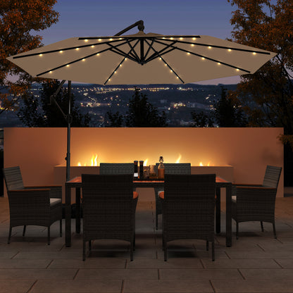 10 Feet Solar Offset Hanging Umbrella with Base and 32 LED Lights, Taupe Outdoor Umbrellas at Gallery Canada