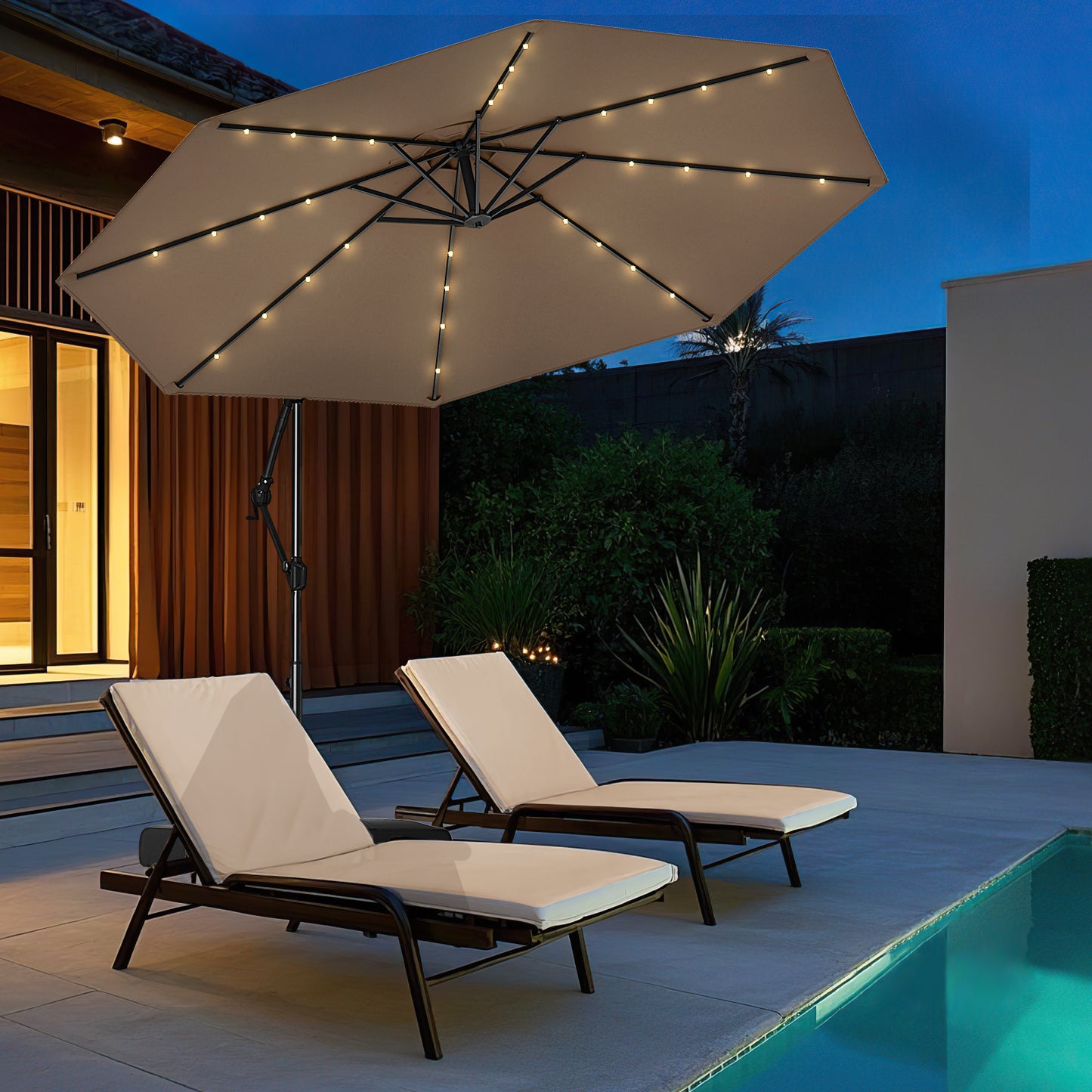 10 Feet Solar Offset Hanging Umbrella with Base and 32 LED Lights, Taupe Outdoor Umbrellas at Gallery Canada