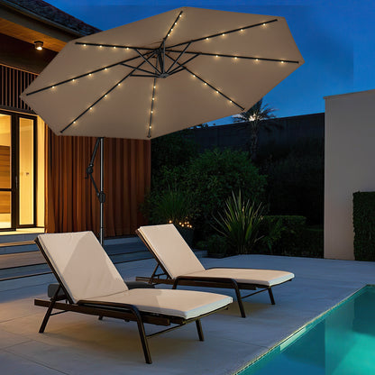 10 Feet Solar Offset Hanging Umbrella with Base and 32 LED Lights, Taupe Outdoor Umbrellas at Gallery Canada