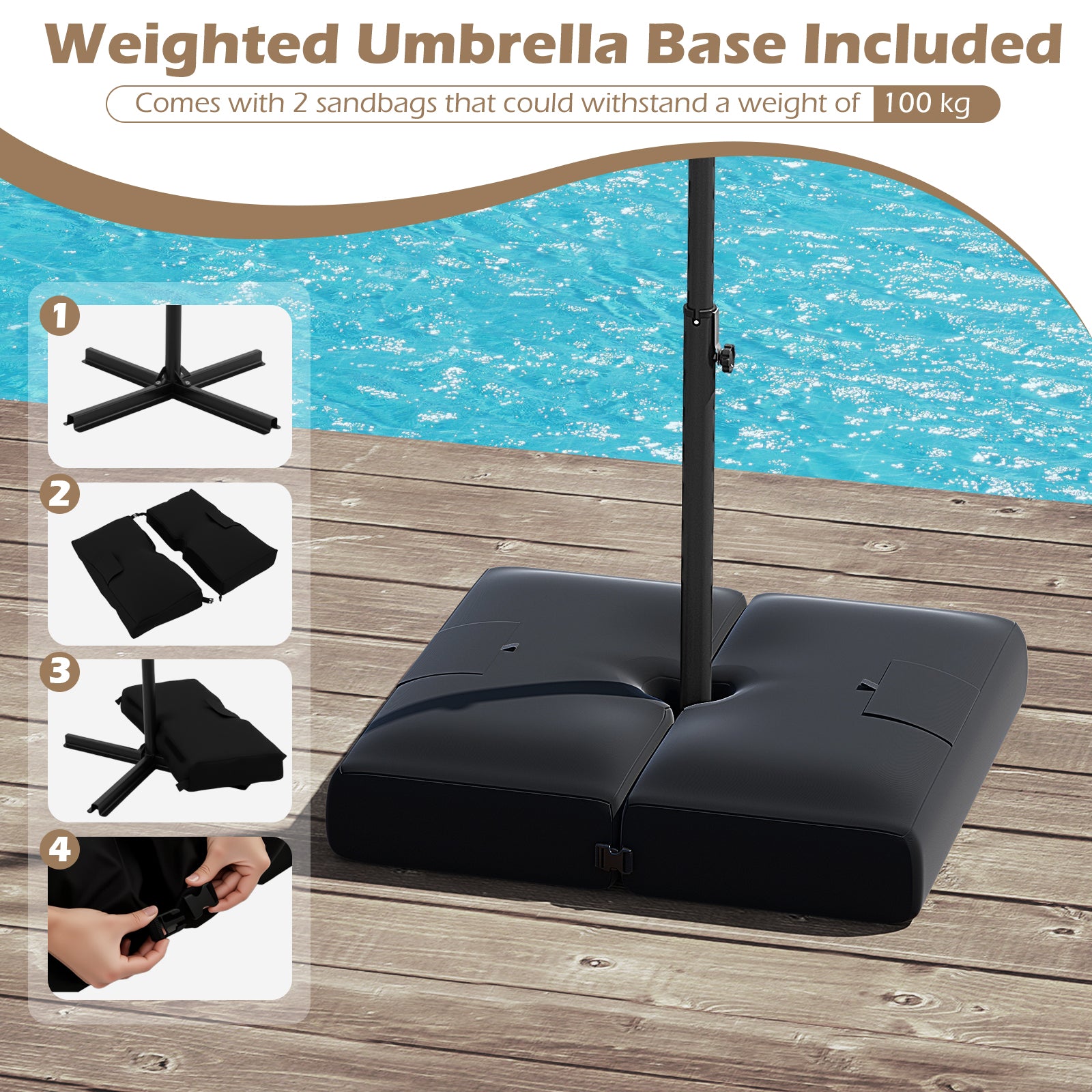10 Feet Solar Offset Hanging Umbrella with Base and 32 LED Lights, Taupe Outdoor Umbrellas at Gallery Canada