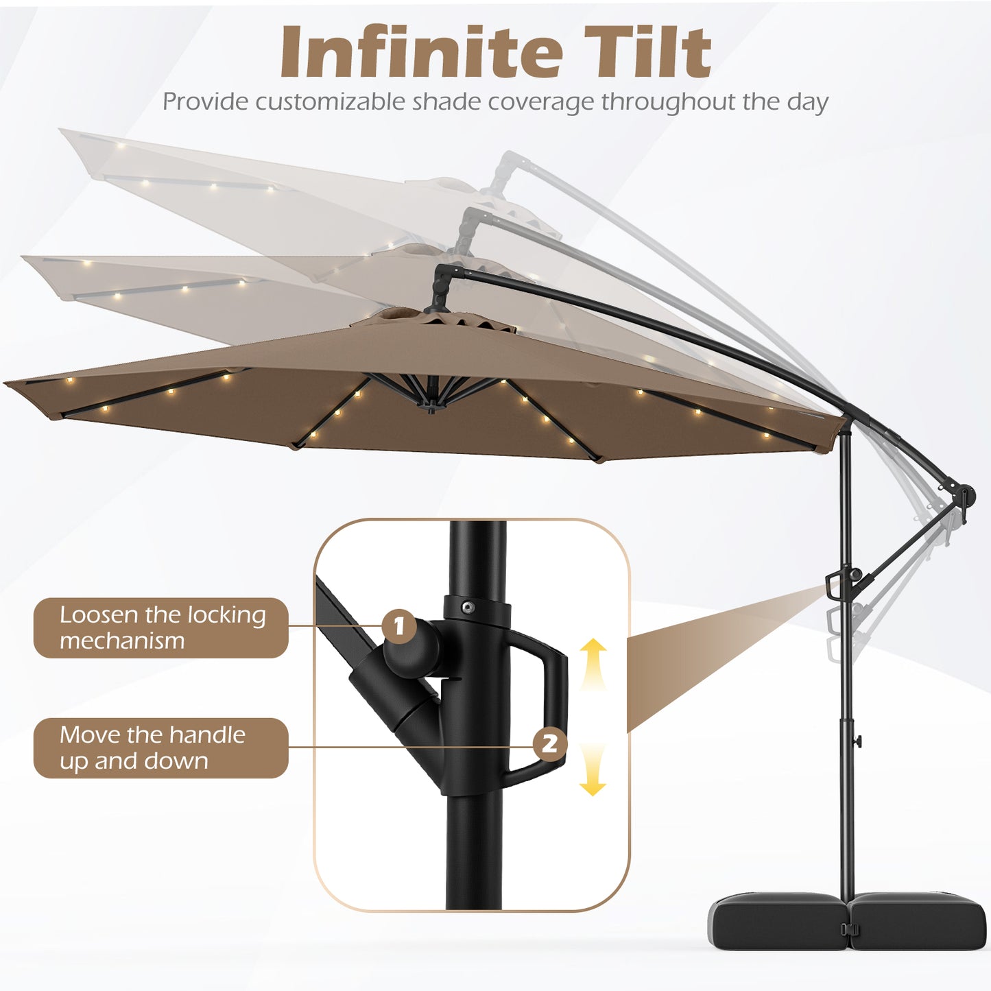 10 Feet Solar Offset Hanging Umbrella with Base and 32 LED Lights, Taupe Outdoor Umbrellas at Gallery Canada