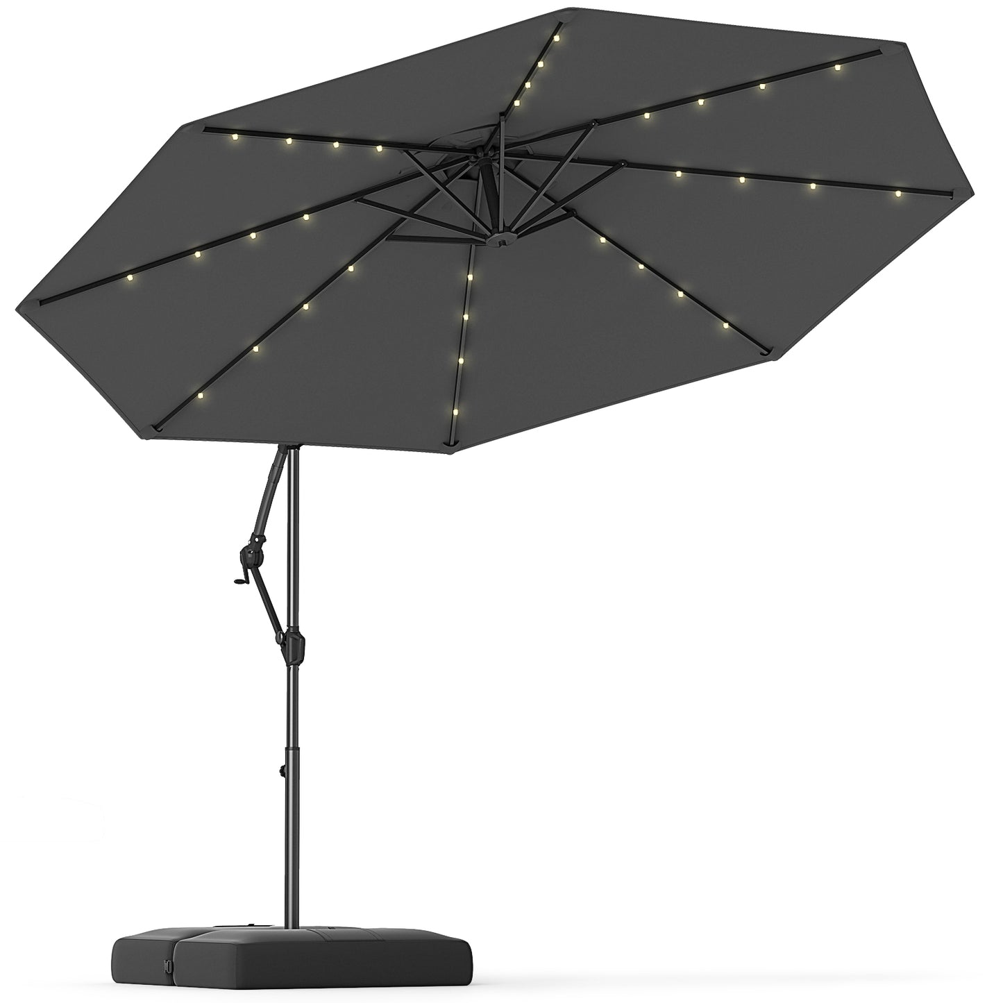10 Feet Solar Offset Hanging Umbrella with Base and 32 LED Lights, Gray Outdoor Umbrellas at Gallery Canada