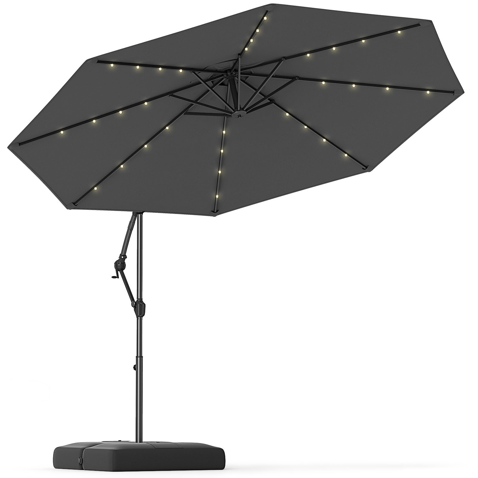 10 Feet Solar Offset Hanging Umbrella with Base and 32 LED Lights, Gray Outdoor Umbrellas at Gallery Canada