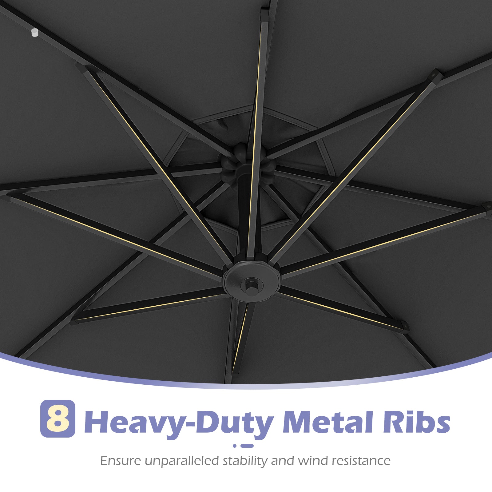 10 Feet Solar Offset Hanging Umbrella with Base and 32 LED Lights, Gray Outdoor Umbrellas at Gallery Canada