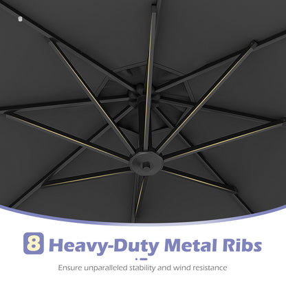 10 Feet Solar Offset Hanging Umbrella with Base and 32 LED Lights, Gray Outdoor Umbrellas at Gallery Canada