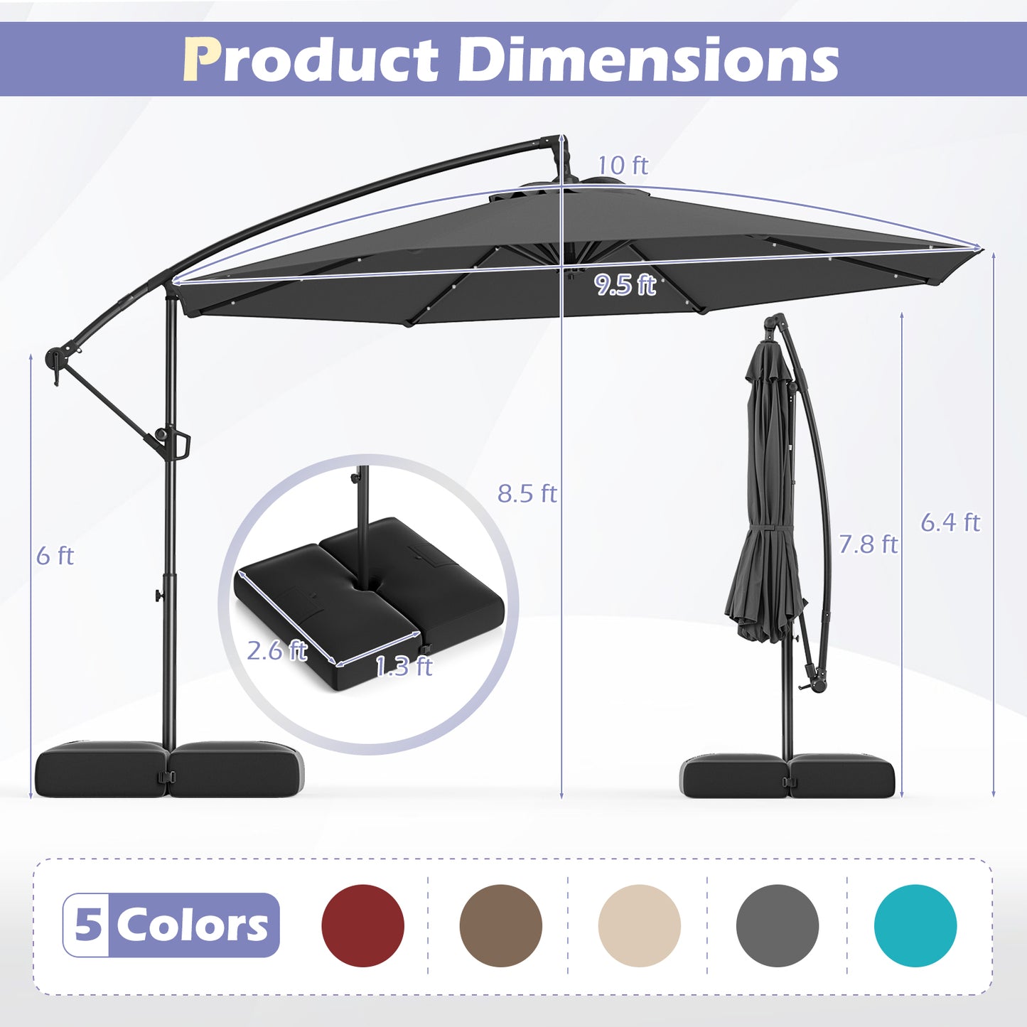 10 Feet Solar Offset Hanging Umbrella with Base and 32 LED Lights, Gray Outdoor Umbrellas at Gallery Canada