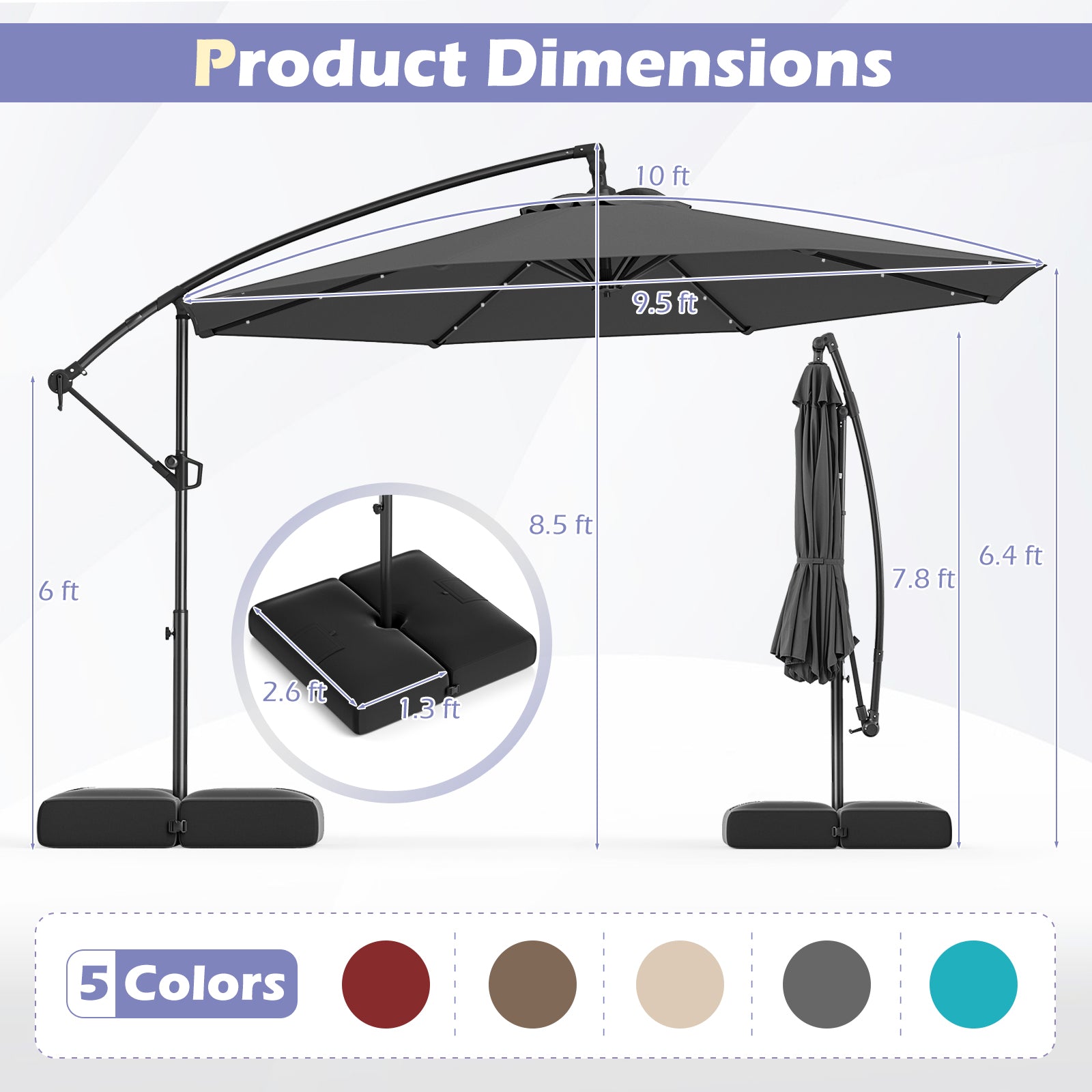10 Feet Solar Offset Hanging Umbrella with Base and 32 LED Lights, Gray Outdoor Umbrellas at Gallery Canada