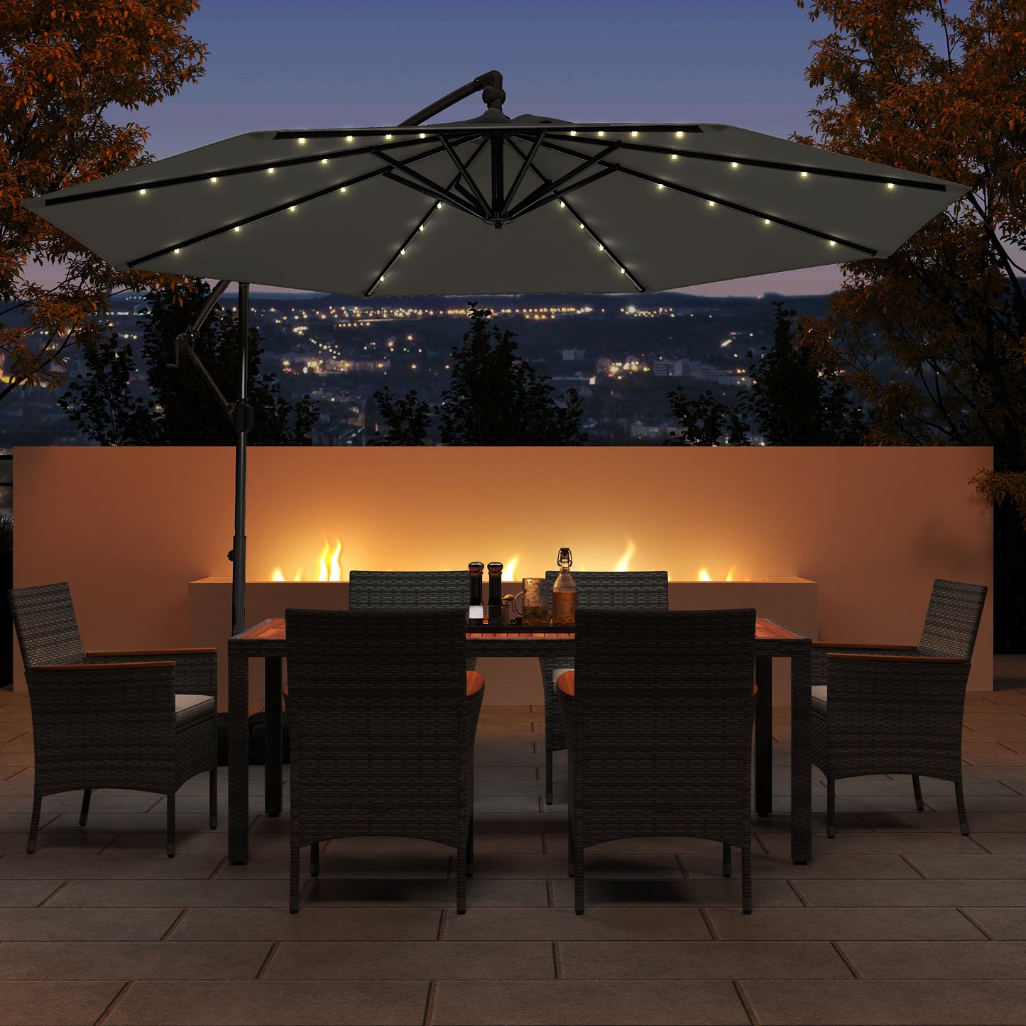 10 Feet Solar Offset Hanging Umbrella with Base and 32 LED Lights, Gray Outdoor Umbrellas at Gallery Canada