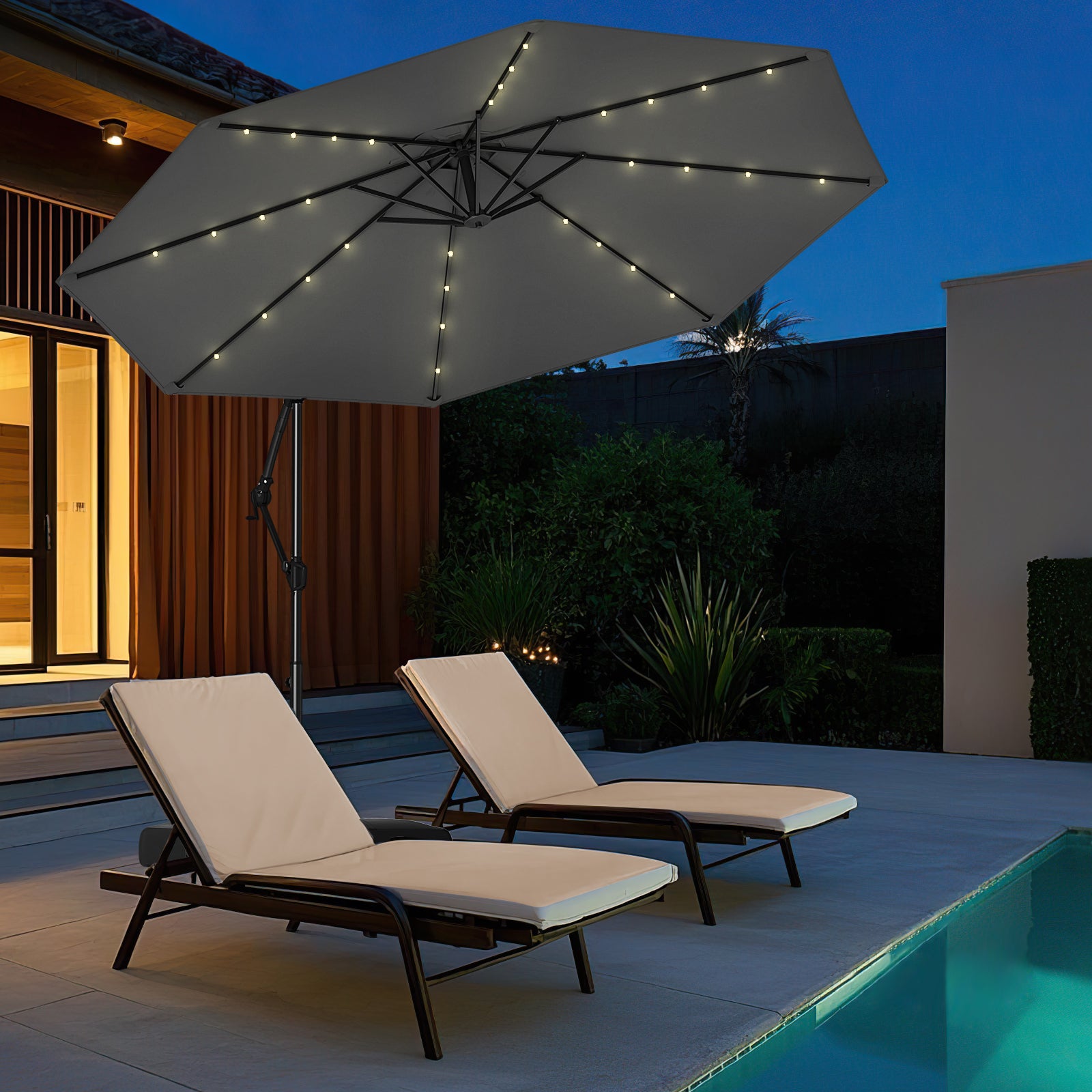 10 Feet Solar Offset Hanging Umbrella with Base and 32 LED Lights, Gray Outdoor Umbrellas at Gallery Canada
