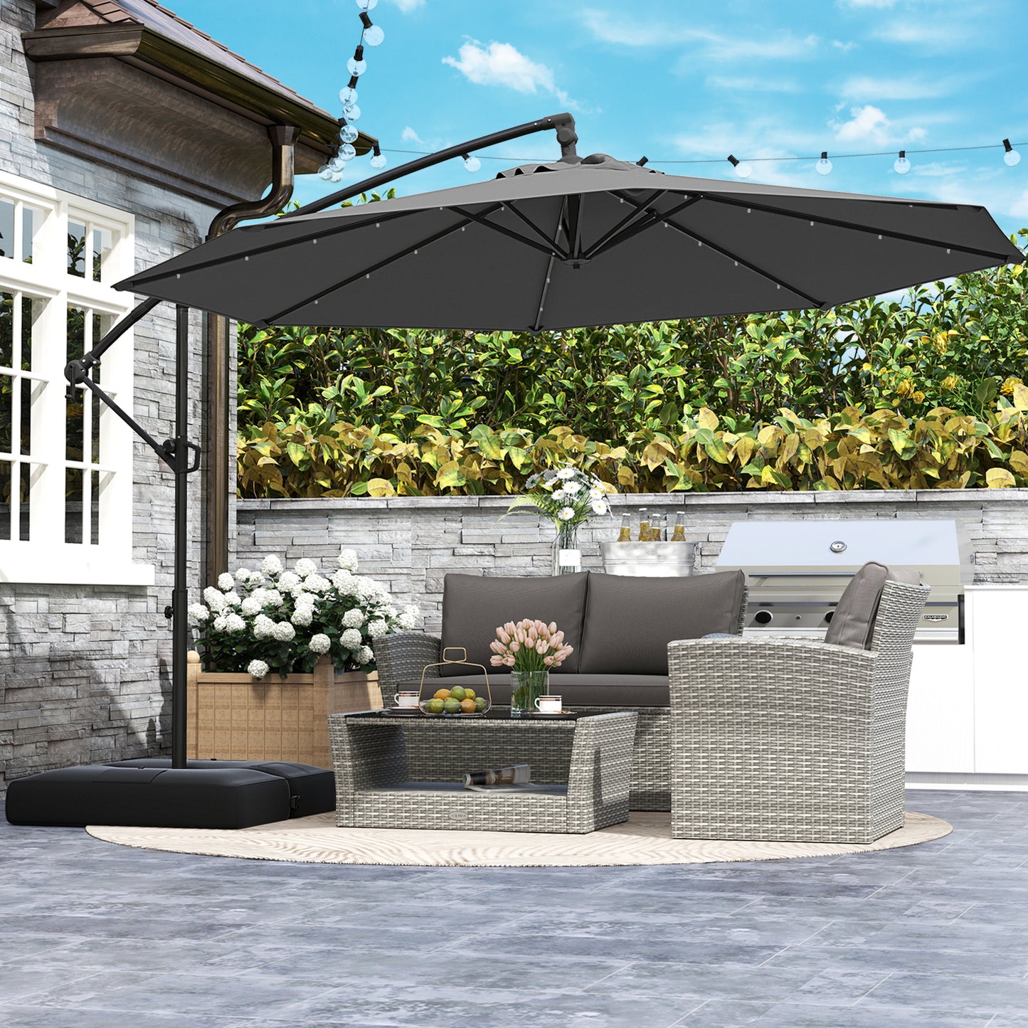10 Feet Solar Offset Hanging Umbrella with Base and 32 LED Lights, Gray Outdoor Umbrellas at Gallery Canada
