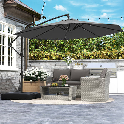 10 Feet Solar Offset Hanging Umbrella with Base and 32 LED Lights, Gray Outdoor Umbrellas at Gallery Canada
