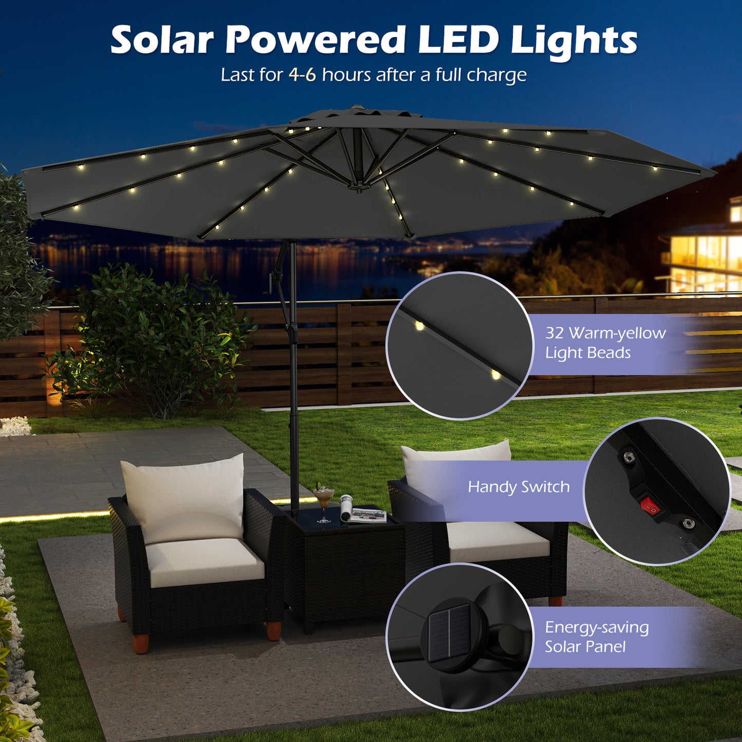 10 Feet Solar Offset Hanging Umbrella with Base and 32 LED Lights, Gray Outdoor Umbrellas at Gallery Canada