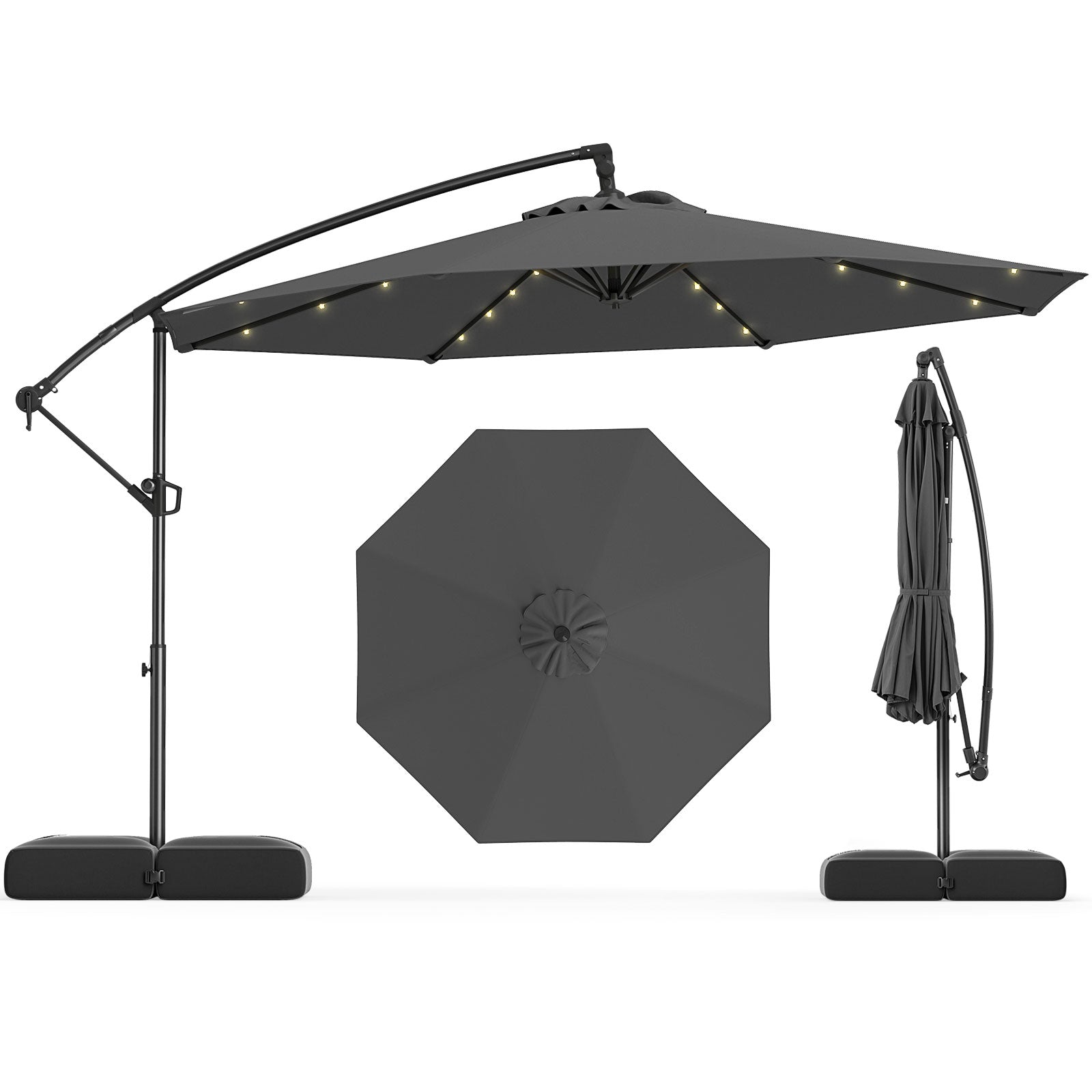 10 Feet Solar Offset Hanging Umbrella with Base and 32 LED Lights, Gray Outdoor Umbrellas Gray at Gallery Canada