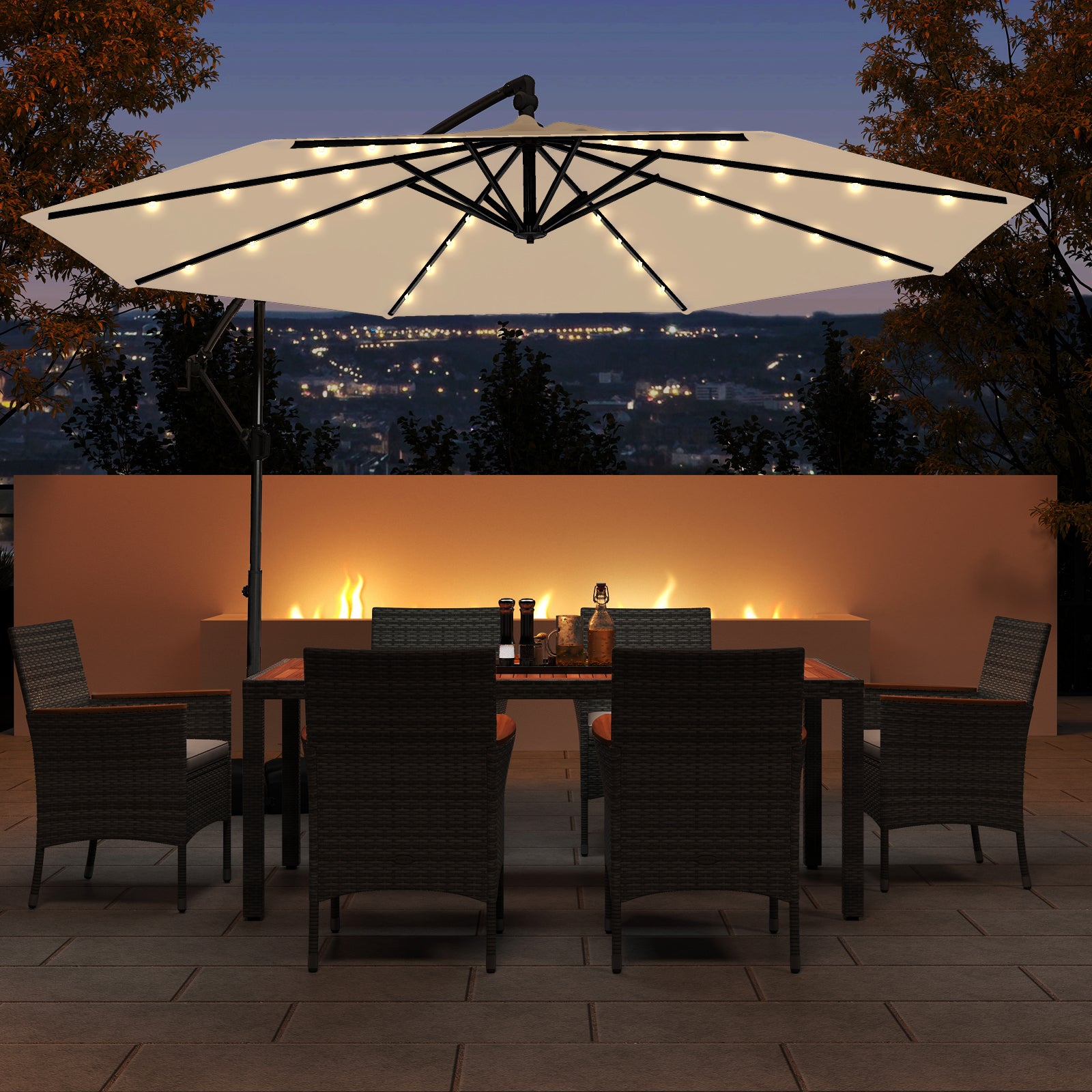 10 Feet Solar Offset Hanging Umbrella with Base and 32 LED Lights, Beige Outdoor Umbrellas at Gallery Canada
