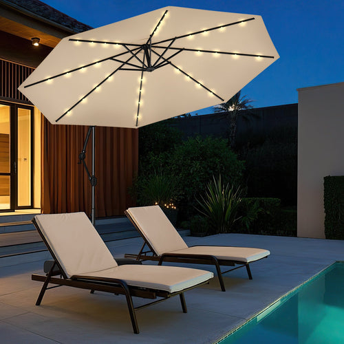 10 Feet Solar Offset Hanging Umbrella with Base and 32 LED Lights, Beige