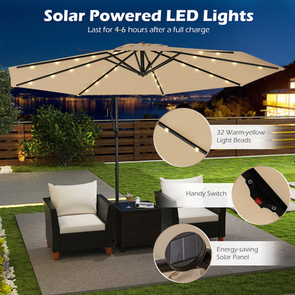 10 Feet Solar Offset Hanging Umbrella with Base and 32 LED Lights, Beige Outdoor Umbrellas at Gallery Canada