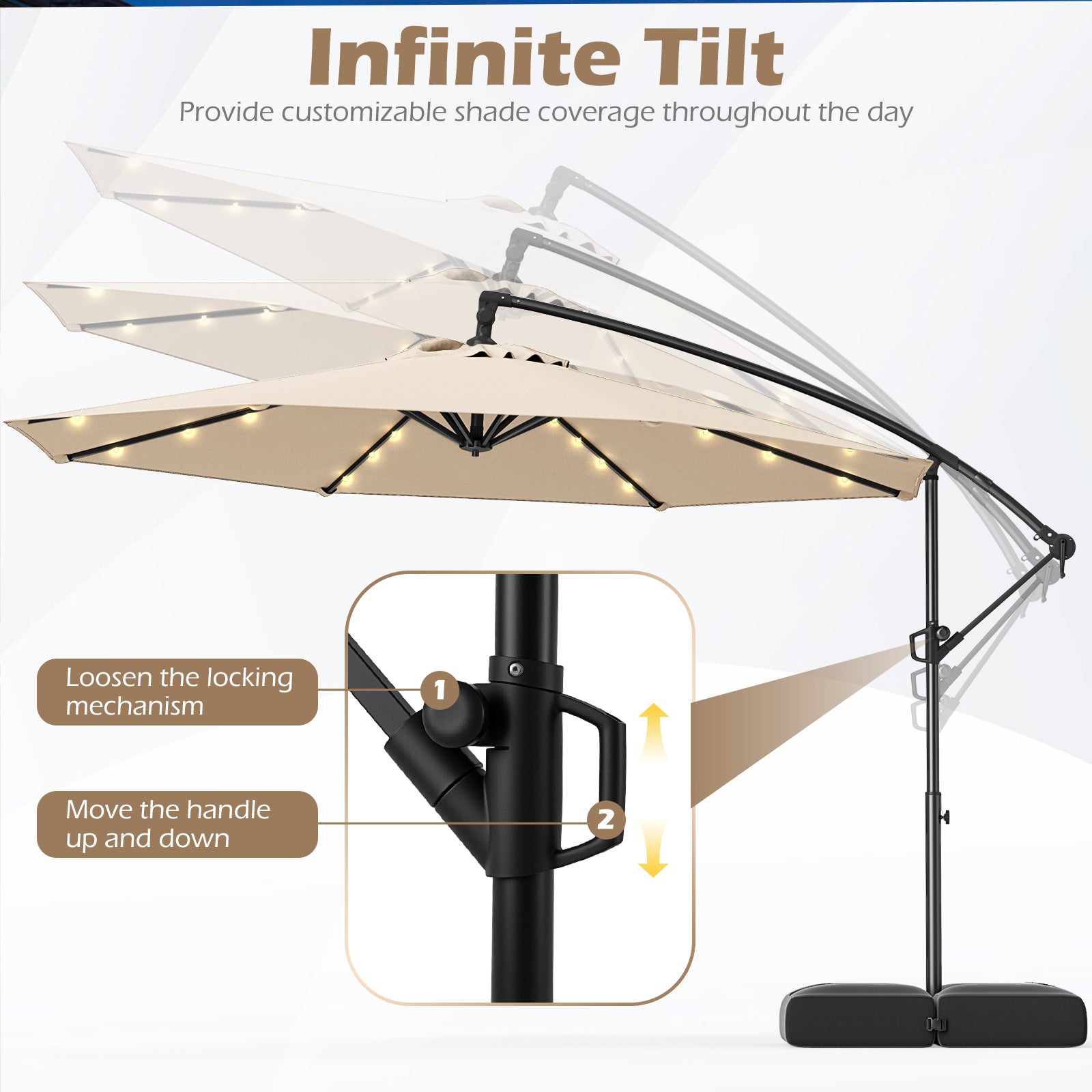 10 Feet Solar Offset Hanging Umbrella with Base and 32 LED Lights, Beige Outdoor Umbrellas at Gallery Canada
