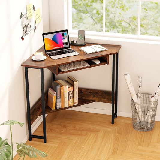 Triangle Corner Desk with Charging Station Keyboard Tray and Storage Shelf, Rustic Brown Corner Desks Rustic Brown at Gallery Canada
