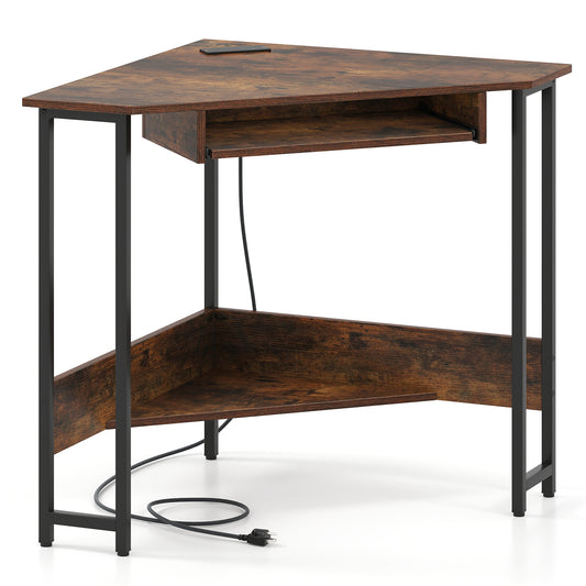 Triangle Corner Desk with Charging Station Keyboard Tray and Storage Shelf, Rustic Brown Corner Desks Rustic Brown at Gallery Canada