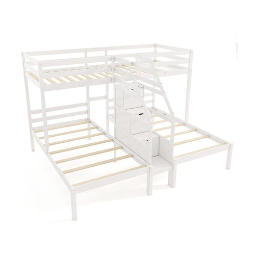 Twin Over Twin and Twin Bunk Bed with Storage Staircase and Guardrail for 3 Kids Teens, White