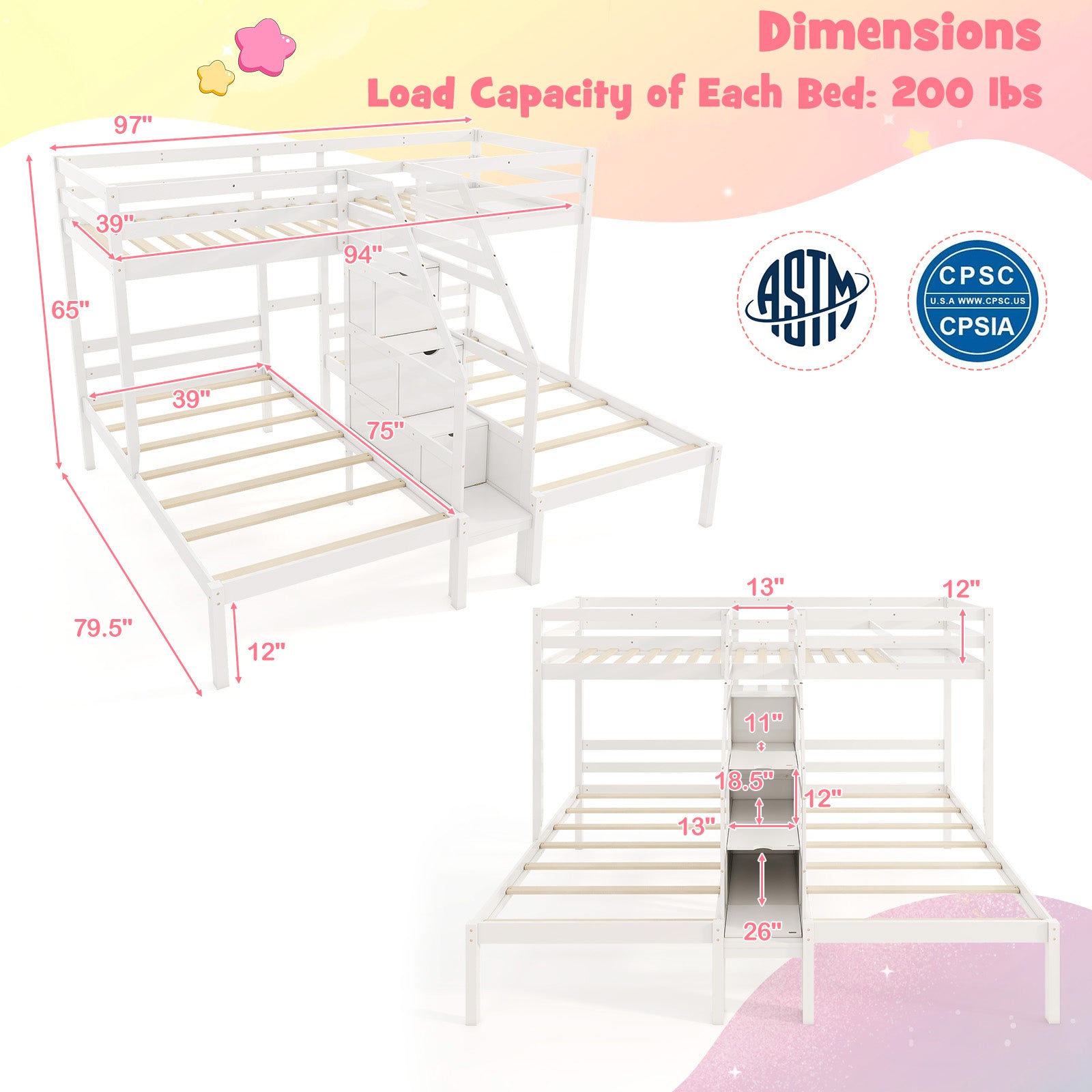 Twin Over Twin and Twin Bunk Bed with Storage Staircase and Guardrail for 3 Kids Teens, White Bunk Bed Frame at Gallery Canada